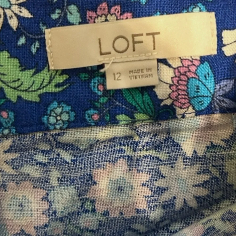 LOFT Linen Blend Blue Floral A-Line Mini Skirt Size 12